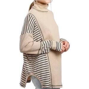 Miss Me Pieced Waffle Knit Thermal Top Mock Neck Oversized Striped Beige Black L